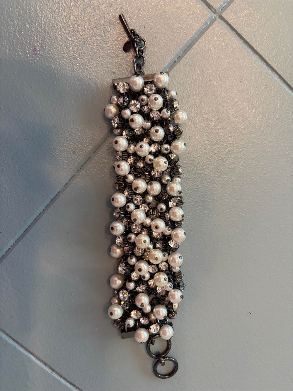 Pearl & Crystal Cluster Bracelet - White Pearls on Gunmetal
